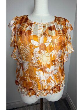 Pleione Tropical Floral Smocked Top, Orange & White Size Large